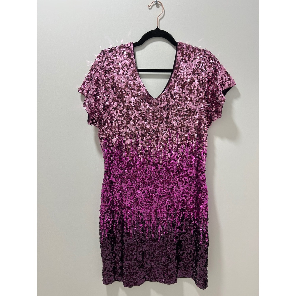 Maner Pink Purple Ombre Sequin V-Neck Short Sleeve Mini Holiday Dress XXL